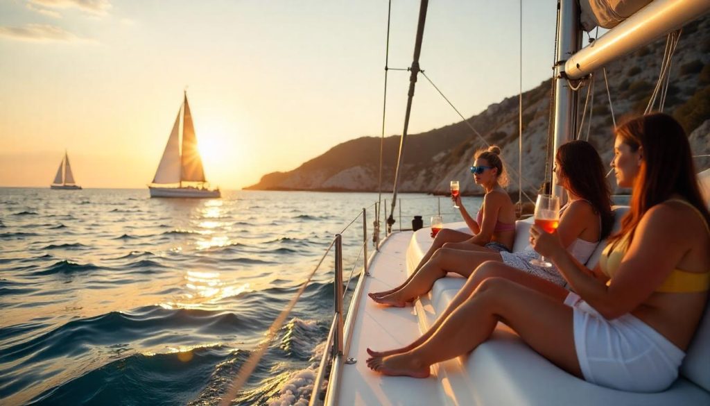 在伊比沙帆船赛期间,朋友们在福门特拉岛附近享用鸡尾酒,这是西班牙帆船赛事中充满活力的一部分,远处还有比赛。